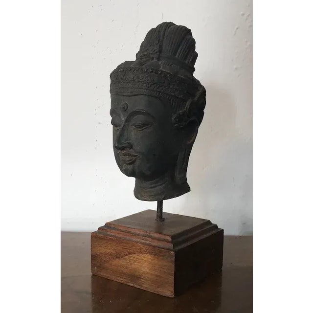 Bronze Antique Bronze Bust of Buddha Mounted on a Wood Stand For Sale - Image 8 of 11