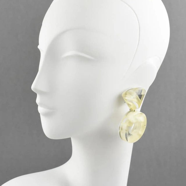 1980s Kaso Cream-White and Mirror Acrylic Resin Clip Earrings For Sale - Image 5 of 10