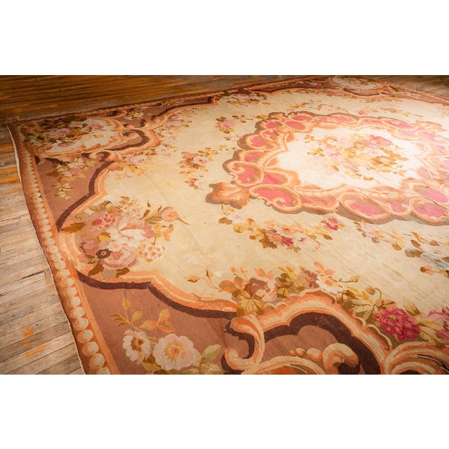 French 1850s Antique Beige Floral Medallion French Neoclassical European Aubusson Rug For Sale - Image 3 of 10