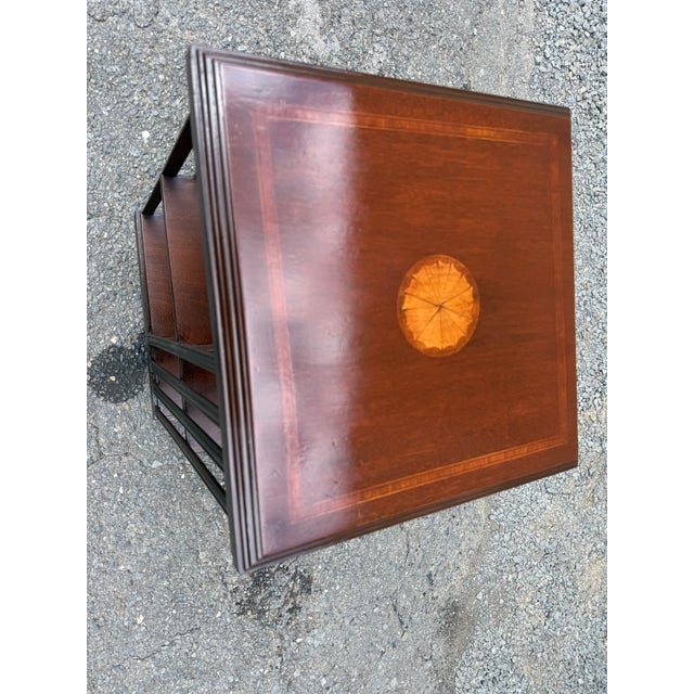 Pair of Edwardian Style Revolving Mahogany Inlaid Bookcase Side Tables For Sale - Image 4 of 16