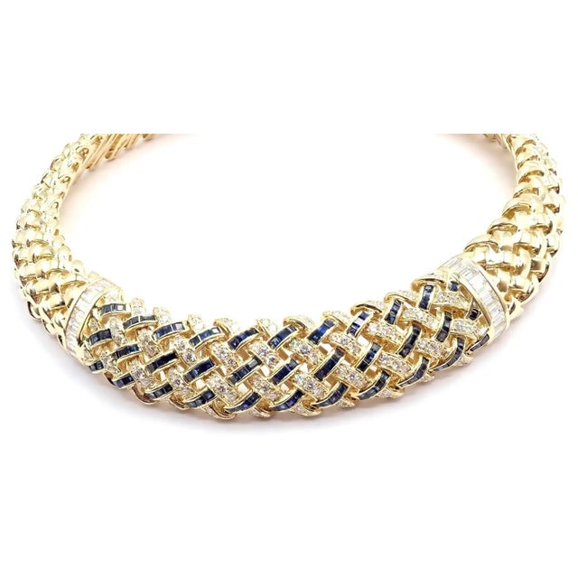 Metal Vintage Tiffany & Co. Vannerie Diamond Sapphire Basket Weave Yellow Gold Necklace For Sale - Image 7 of 17