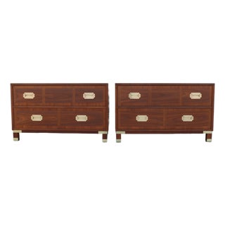 Pair of Mid-Century Modern Campaign Walnut Nightstands by Baker Milling Road | Brass Hardware, Circa 1960s For Sale