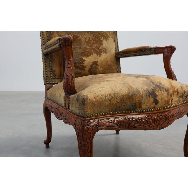 Carved Walnut Armchair with Cabriole Legs and Tapestry Upholstery, France, 1880 For Sale - Image 10 of 18