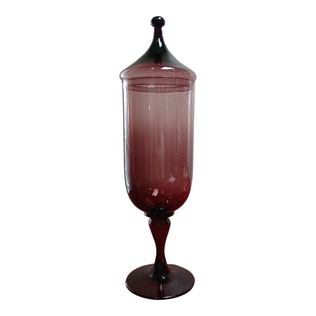 Mid Century Modern, Amethyst Apothecary Glass Jar 19" High W/ Lid For Sale