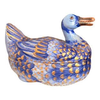 Vintage Italian Blue & Gold Duck Tureen by Meiselman Imports For Sale