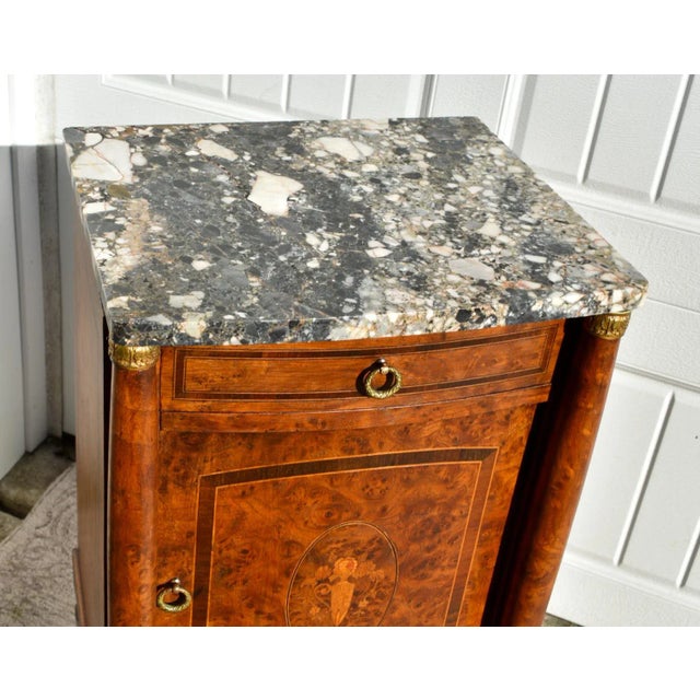 Wood Antique French Inalid BurlWood Marble Top Cabinet/Stand W/Brass Mounts For Sale - Image 7 of 13