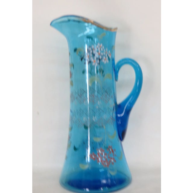 Mid-Century Modern Tall Hand Blown Glass Blue and Hand Painted Flowers Pitcher For Sale - Image 3 of 13
