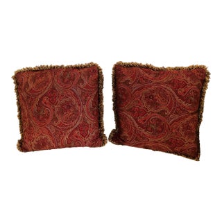Vintage Pair of Paisley Pillows With Fringe Duck Feather Down Insert For Sale