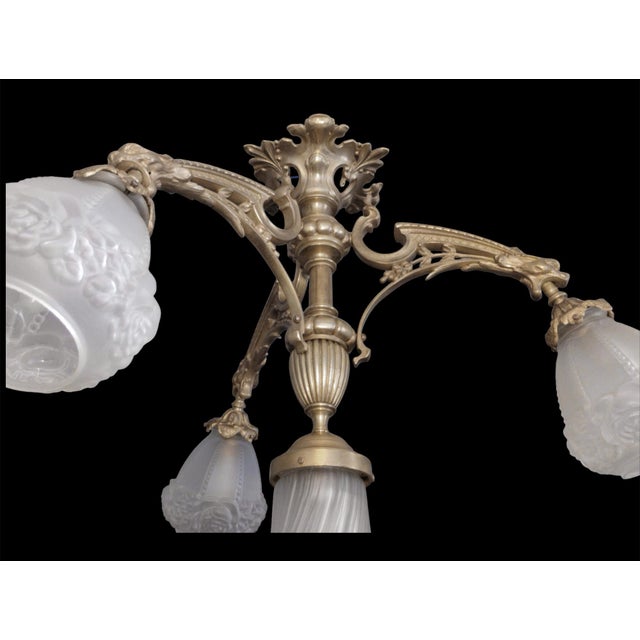 Baroque 19th Century French Medieval Gothic Revival Bronze Four-Light Chandelier with Frosted Glass with Gryphons Gargoyles Dragons, 1890s For Sale - Image 3 of 13