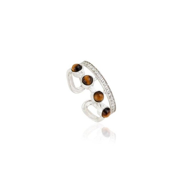 Boho Tiger’s Eye & Zircon Double Band Ring in 925 Silver, Size 8.5 For Sale - Image 6 of 11