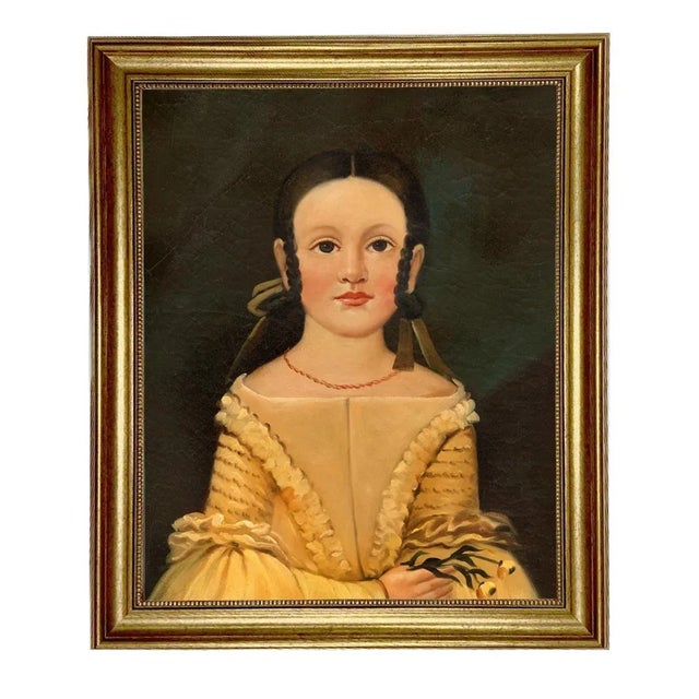 American "Mary Jane With Flowers" Framed Portrait Print on Canvas in Antiqued Gold Frame For Sale - Image 3 of 3