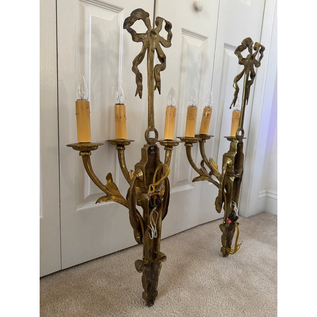 Vintage Mid-Century Louis XIV Solid Brass 3-Arm Wall Sconces W/Ribbons - Pair For Sale - Image 17 of 17