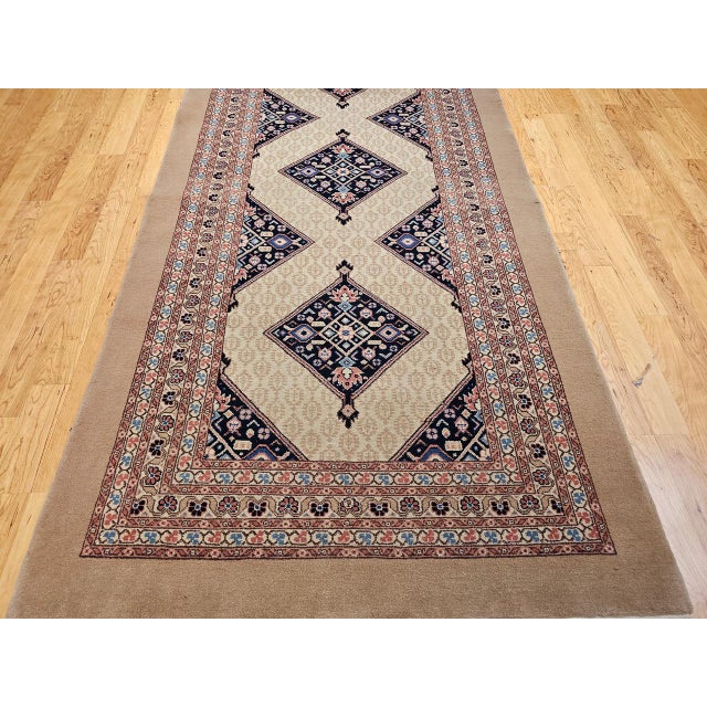 Beige Vintage Malayer Gallery Rug, Hand-Knotted Wool, Geometric Pattern, 5x10, Camehair & Navy For Sale - Image 8 of 13