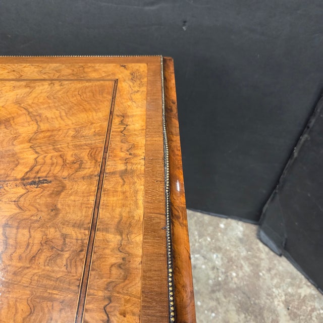 Mid 19th Century Regency Walnut & Rosewood Inlaid Table W/2 Drawers, Brass Beading, Ornate Handles, on Square Tapered Legs on Brass Casters For Sale - Image 13 of 15