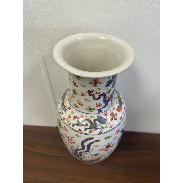Japanese Vintage Japanese Hand Painted Cantonware Porcelain Dragon Peacock 14" Vase For Sale - Image 3 of 5
