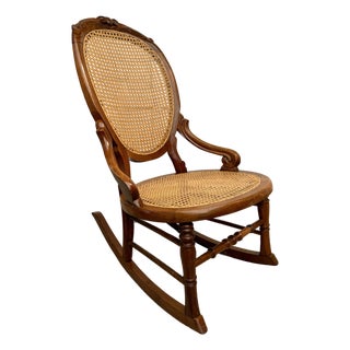 Antique Victorian Carved Wood Hand-Caned Rocking Chair For Sale