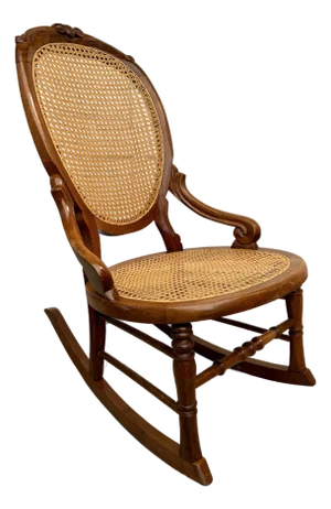 Antique Victorian Carved Wood Hand-Caned Rocking Chair