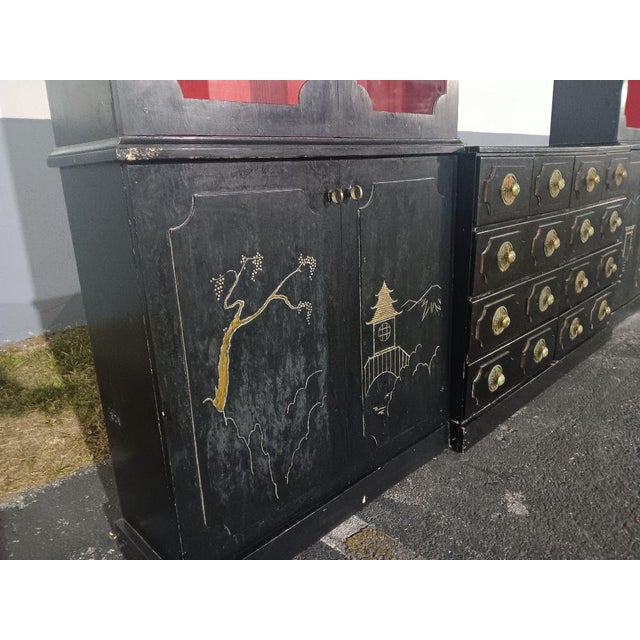 1940s 1940's Custom Made Hollywood Regency Dorothy Draper Style Chinoiserie Installed Wall Unit/ Storage/ Dry Bar by Billy Baldwin For Sale - Image 5 of 12