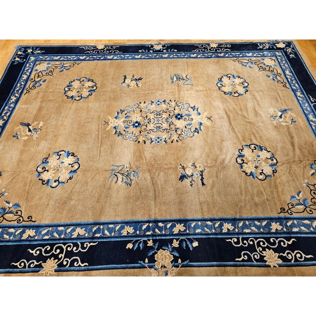 Textile 19th Century Oversized Chinese Peking Hand-Knotted Rug in Tan, Navy, Blue For Sale - Image 7 of 18