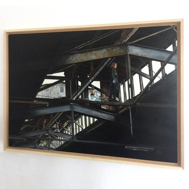 Contemporary Seeking Solace by Linda Delahaye | Oil on panel Woman standing in an industrial building interior. For Sale - Image 3 of 5