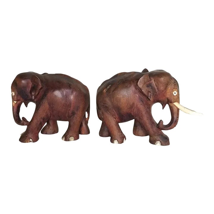 Pair of 1940s Wooden Elephants With Bone Accents | Chairish