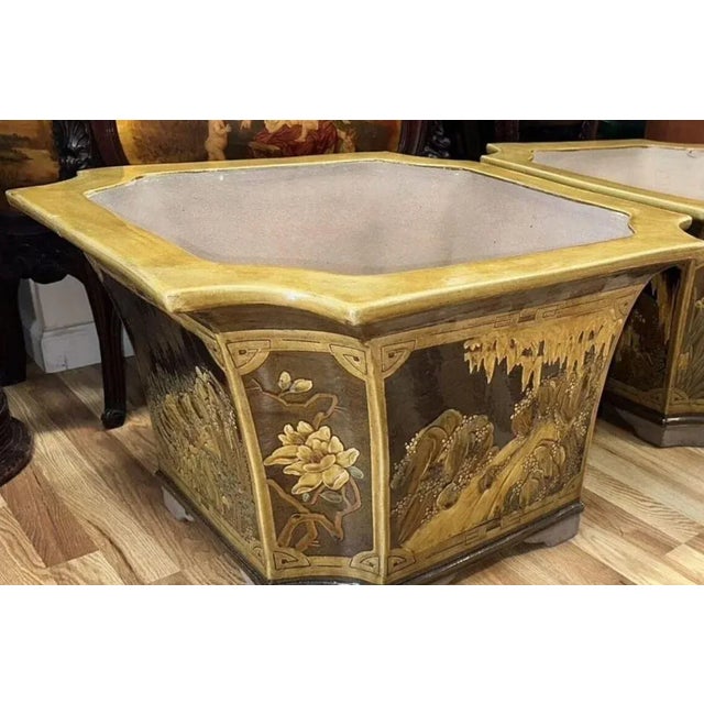 Asian Pair of Large Glazed Ceramic Planters With Asian Scene For Sale - Image 3 of 3