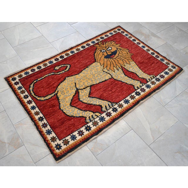 Textile Quirky Lion Oushak Rug 3x5, Whimsical Folk Art Wool Rug, Terracotta Red Turkish Area Rug, Small Hand Knotted Leopard Rug for Entryway 3'5" X 5'1" For Sale - Image 7 of 16
