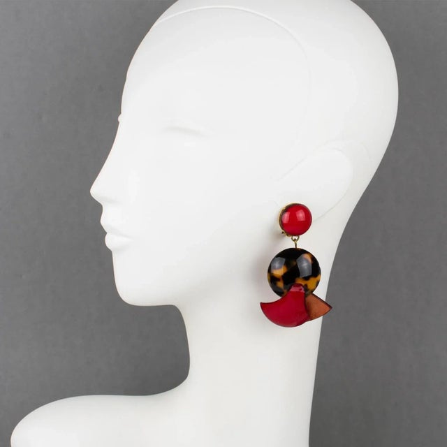 Stunning dimensional dangling clip-on earrings designed by Cilea Paris. Art Deco revival-inspired hand-made artisanal...