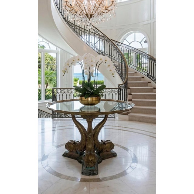 1980s Hollywood Regency Triple Dolphin Bronze Center Table With Scalloped Glass For Sale - Image 11 of 12