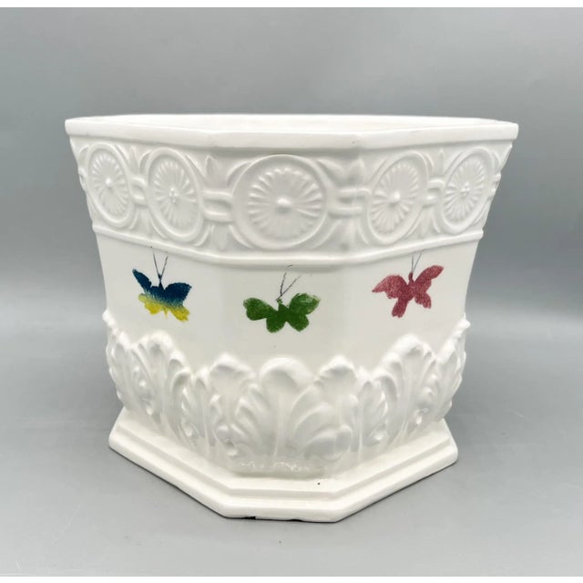Vintage Italian White Ceramic Cachepot With Colorful Butterflies — Neoclassical / Hollywood Regency For Sale In Houston - Image 6 of 16