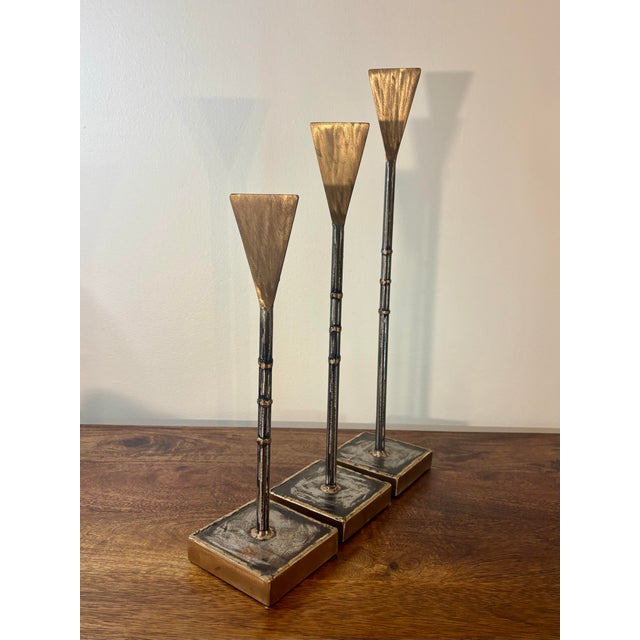 Paul Evans Vintage American Studio Sculptural Brutalist Steel and Bronze Candlesticks For Sale - Image 4 of 7