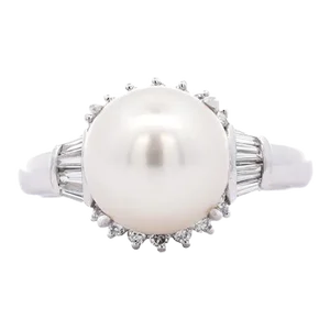 9.5mm South Sea White Pearl and Baguette Diamond Ring in Platinum Size 6