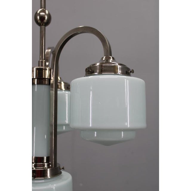 Art Deco Nickel Pendant Light with Cylindrical Light Opaline Shades, Czechoslovakia, 1930s For Sale - Image 4 of 15