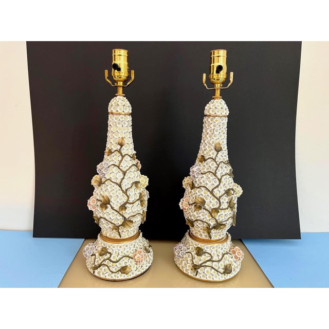 Japanese 1950s Applied Floral Porcelain Tree of Life Lamps, Pair For Sale - Image 3 of 18