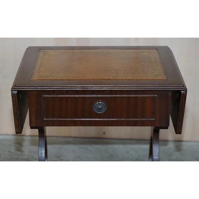Vintage Brown Leather & Gold Leaf Side Table with Extending Top For Sale - Image 12 of 18