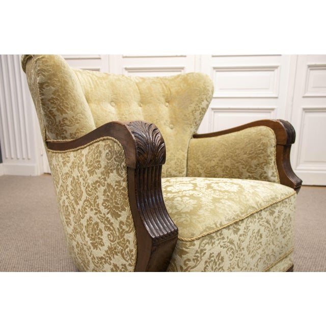 1920s Vintage Swedish Wingback Chair with Golden Velvet and Carved Oak Armrests, 1920s For Sale - Image 5 of 12