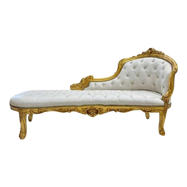Chaise Longue White Leather Crystal Glass Buttons French Style For Sale