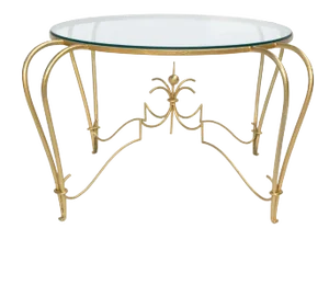 Art Deco Gold Finish Round Wrought Iron & Glass Top Cocktail Table, France, 1950
