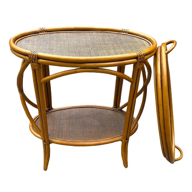 Chinoiserie Vintage Bamboo Rattan Table W/Serving Tray For Sale - Image 3 of 11