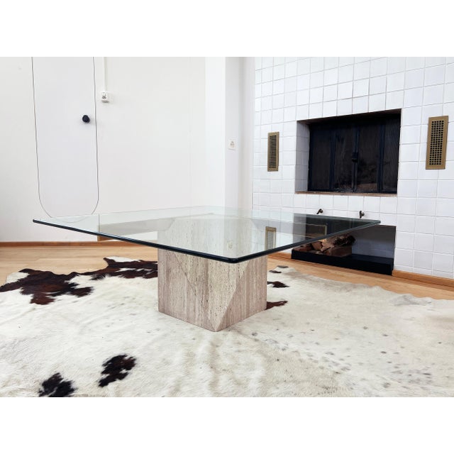 1970s Postmodern Travertine and Brass Attributed to Artedi Glass Coffee Cocktail Table For Sale - Image 6 of 13