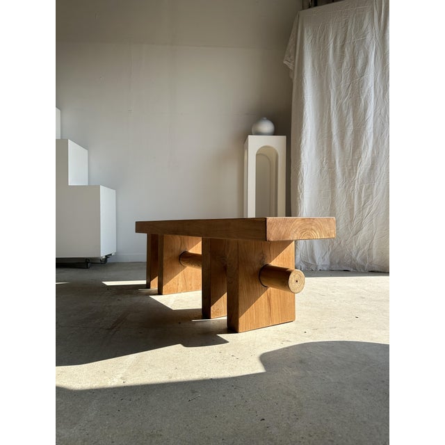 Teak Wooden Bench with Openwork Base For Sale - Image 9 of 15