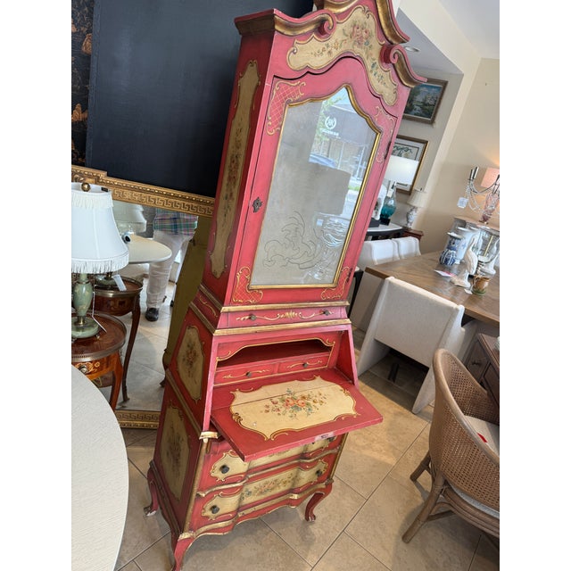 Beautiful Italian Hand Painted Secretary Desk, in a Wonderful Terracotta Pink with Hand Painted Flowers and an Eglomise...