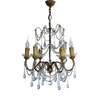 Antique Gilded Metal Murano Glass Drop Six-Light Chandelier, 1930s For Sale