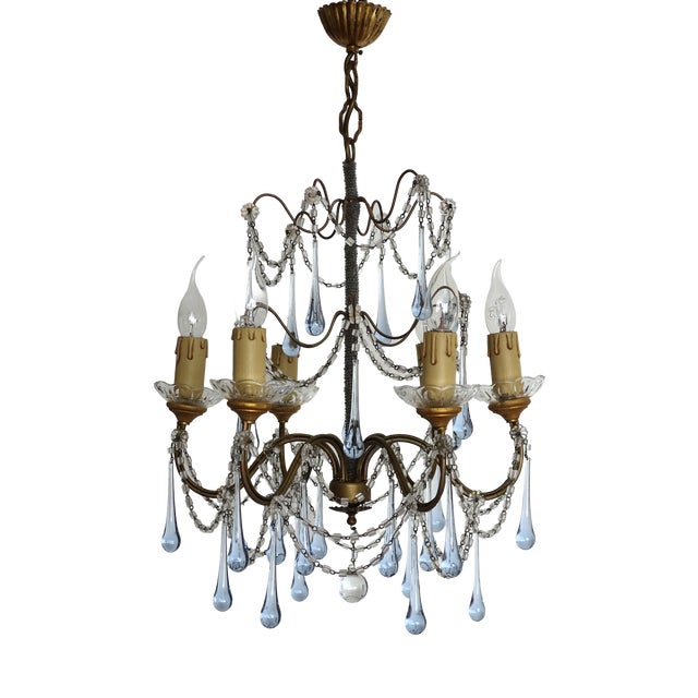 Antique Gilded Metal Murano Glass Drop Six-Light Chandelier, 1930s For Sale