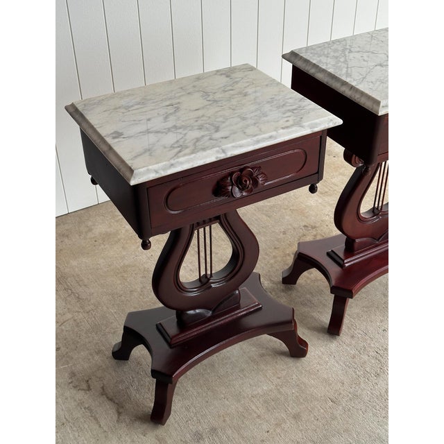 Brown Pair of Vintage Marble-Top Lyre Pedestal Tables For Sale - Image 8 of 15