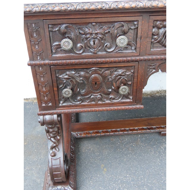 Late 1800s Victorian Large Heavy Hand Carved Cherub Partner Desk 6656 For Sale - Image 13 of 17