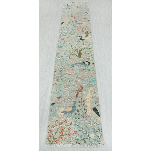 2.6x15ft. Light Blue Peacock Bird Garden Hand Knotted Wool Rug For Sale - Image 18 of 18