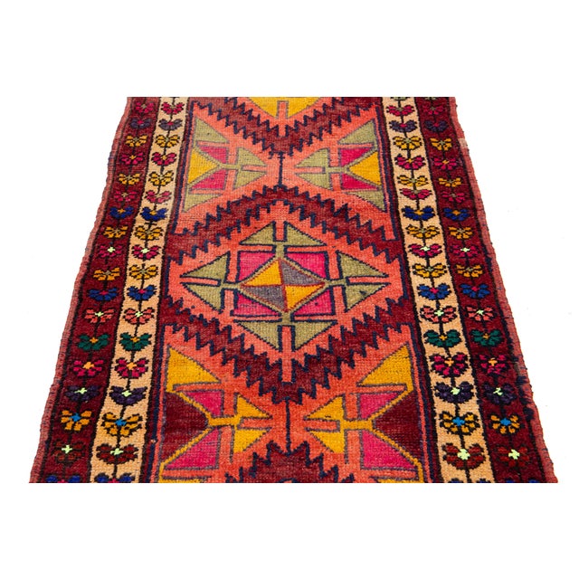 Tribal Vintage Persian Hamadan Runner – Geometric Tribal Wool Rug 3x14 For Sale - Image 3 of 10
