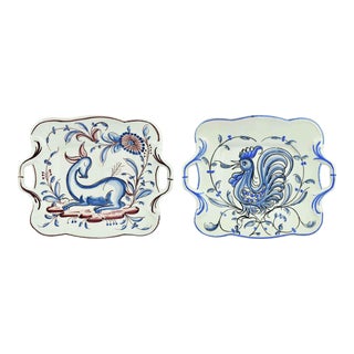 Late 20th Century Signed Handmade Hand Painted a Rooster and a Deer Design Small Plate Portugal - 2 Pieces For Sale