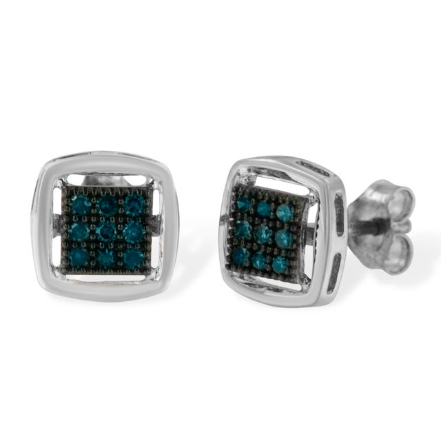 Contemporary Sterling Silver Rose Cut Treated Blue Diamond Square Stud Earring (0.25 cttw, Blue Color, I2-I3 Clarity) For Sale - Image 3 of 5